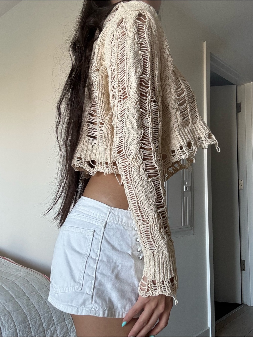 Zara Cable Knit Distressed Openwork Crop Sweater - Cream / Size S - Picture 2 of 5